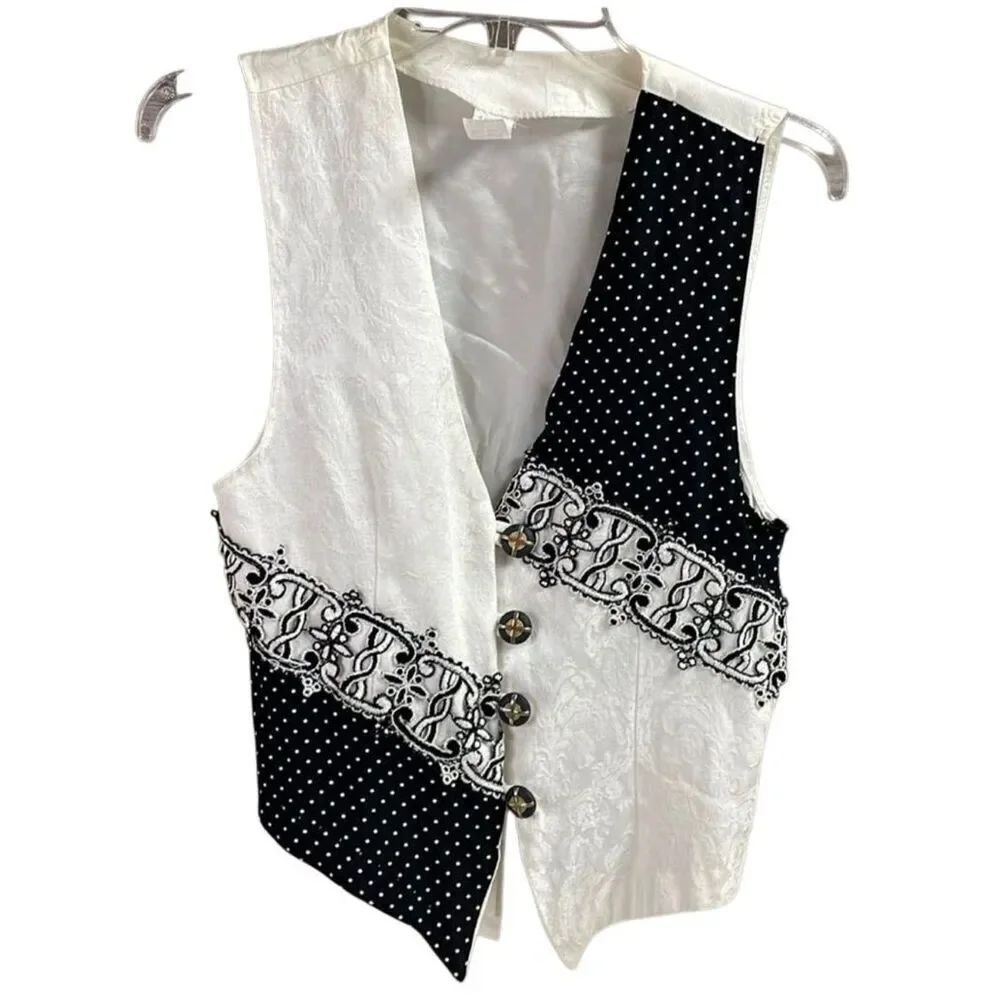 Vintage USA Acetate Rayon Vest Size Medium Black White Polka Dot Boho Cottagecor